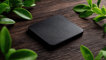 Square black object nestled amidst greenery on a dark wooden surface