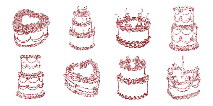 Hand drawn cake collection in playful vintage style. Minimal line and ink dessert elements with textured scribble look. Cute festive food illustrations for cards, branding, bakery designs and celebrat