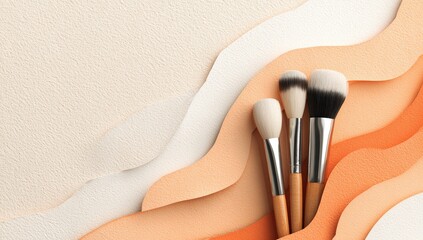Three makeup brushes on a textured, layered background of peach and cream