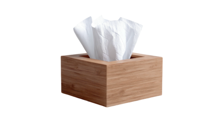 Wooden tissue box holds crumpled white paper squares against a solid black background