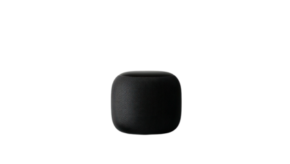 Dark speaker device, square-ish, with fabric covering on dark background