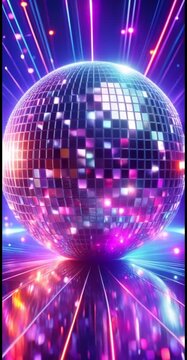 Shiny neon disco ball reflecting colorful party lights