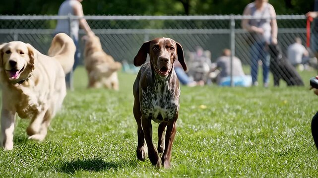 German Shorthaired Pointer Runs Toward Trainer in Dog Competition