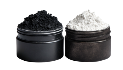 Two filled metal containers, one black powder, one white powder