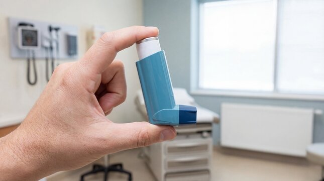 Hand holding asthma inhaler device.