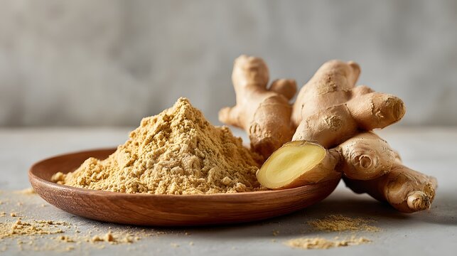 Fresh ginger root and ground ginger powder on wooden plate