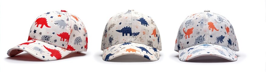 Three caps patterned with colorful dinosaurs on a white background