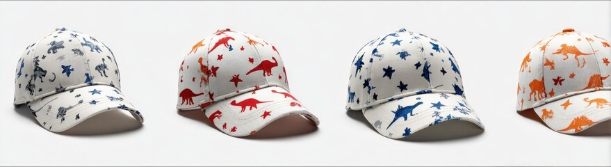 Four dinosaur-patterned baseball caps, each a different color
