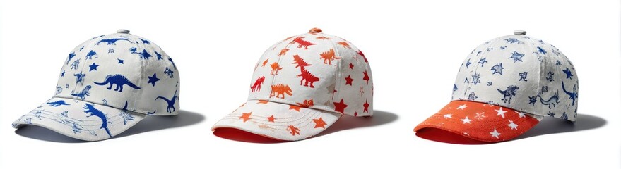 Three baseball caps with animal & star prints against a white background