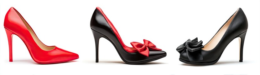Three elegant high-heel pumps red, black with red bow, and black with flower