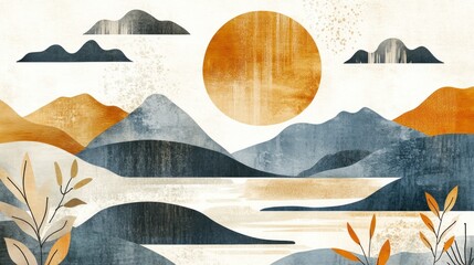 Abstract landscape painting with mountains, sun, and clouds