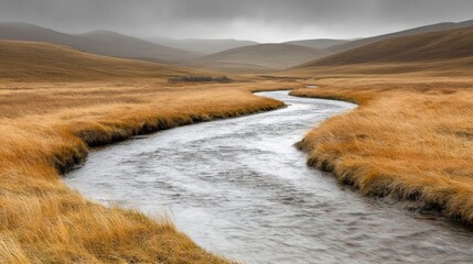 Winding stream through autumnal grasslands under a cloudy sky