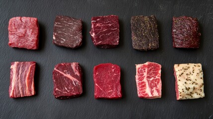 Raw meat cuts, various types, on dark slate background