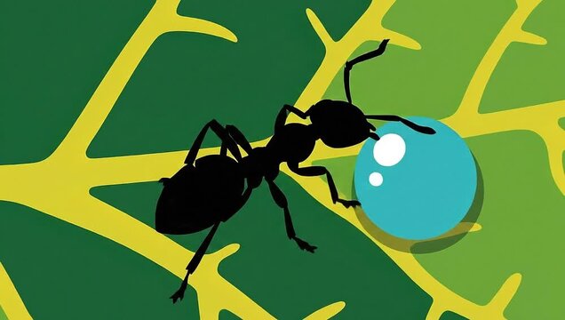 Ants Journey - A Silhouette on a Leaf with Water.