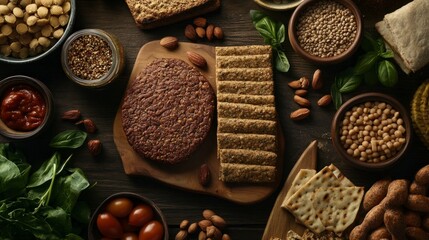 Healthy plant-based meal ingredients on wooden table
