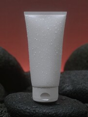 White tube of moisturizer on dark stones, water droplets