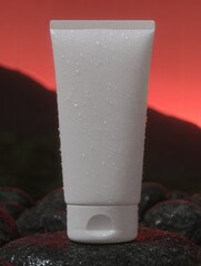 White tube of cream on dark rocks, sunset backdrop