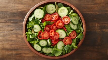 Wooden bowl filled with fresh cucumber, tomato, and spinach salad