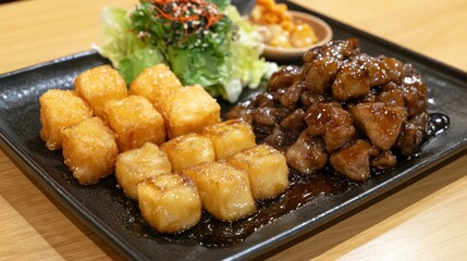 Plate of cubed fried food, savory meat, and salad