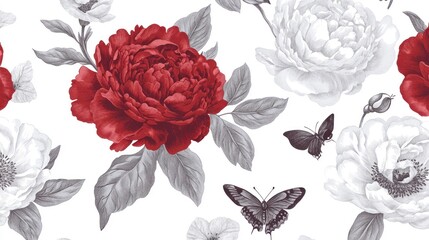 Floral pattern with red and white peonies, grey leaves, and black butterflies