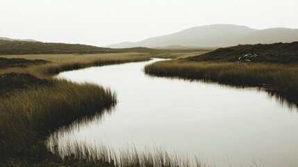 Serene river winds through a misty, grassy landscape