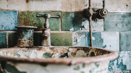 Old, rusty sink and faucet on a tiled wall