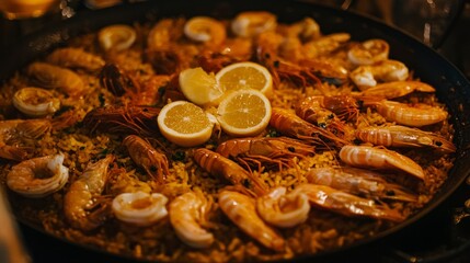Shrimp paella in a large pan