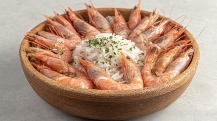 Shrimp and rice dish in wooden bowl