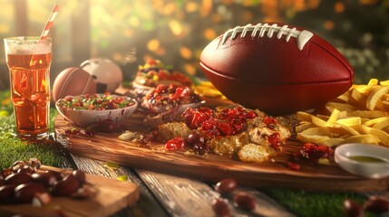 Football game snacks and drinks on a rustic wooden table