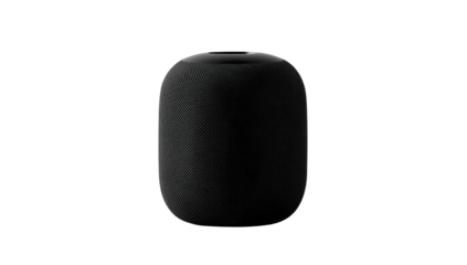 Dark, pill-shaped smart speaker covered in mesh fabric against a black backdrop