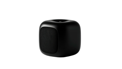 Matte black cube with rounded corners, a speaker grill, and a hole on top