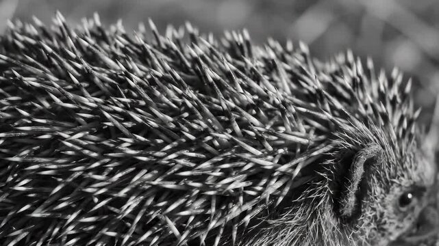 Close-Up of Hedgehog's Quills and Face Details in Black and White