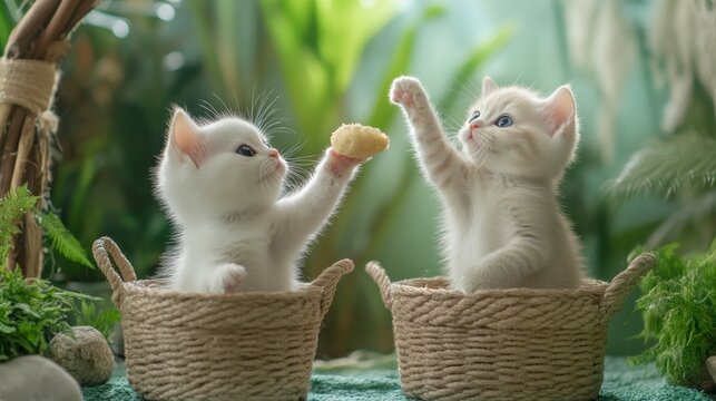 Two adorable kittens in baskets, one offering a treat