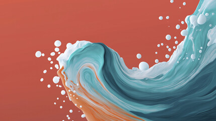 Abstract Wave of Blue and Orange Fluid with White Splashes and Droplets