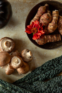 Jerusalem artichokes, kale and mushrooms