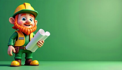 Fototapeta premium 3 d cartoon st Patrick's day leprechaun as a construction worker, wearing a hard hat, holding blueprints. Green festive background. Construction and st Patrick day . Copy space 