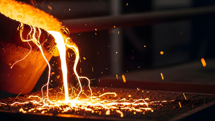 Pouring molten metal from a crucible into a mold creates sparks and a vibrant glow, illustrating a common scene within industrial manufacturing