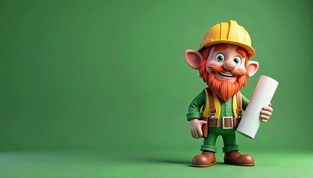 3D cartoon St. Patrick&rsquo;s Day leprechaun construction worker holding blueprints. Green festive background . Copy space, construction and st Patrick day 
