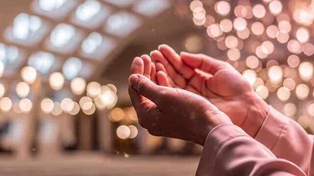 Close-up of muslim hands performing spiritual dua supplication with a warm glow inside a mosque.