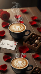 Steaming Coffee with Heart Latte Art, Chocolates, Rose and Romantic Note