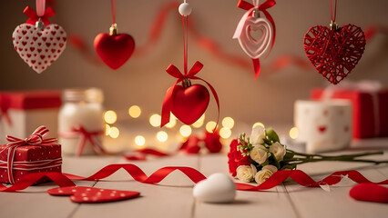 Romantic Valentines Day Display Featuring Decorative Hearts and Gift Box