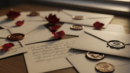 Romantic Love Letters with Wax Seals and Rose Petals on a Wooden Table
