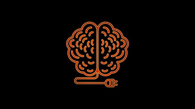 Brain Power Concept Orange Neon Light Brain with Electric Plug Symbolizing Innovation and Intelligence