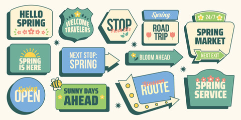 Retro sticker set. Spring themed vintage signs and badges, welcome spring, floral elements, arrows and seasonal labels. Vector illustration in pastel vintage colors mid century 1950s style © Dukhanina Ekaterina
