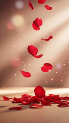 Red Rose Petals Falling Gracefully Onto a Warm Surface with Bokeh Lights