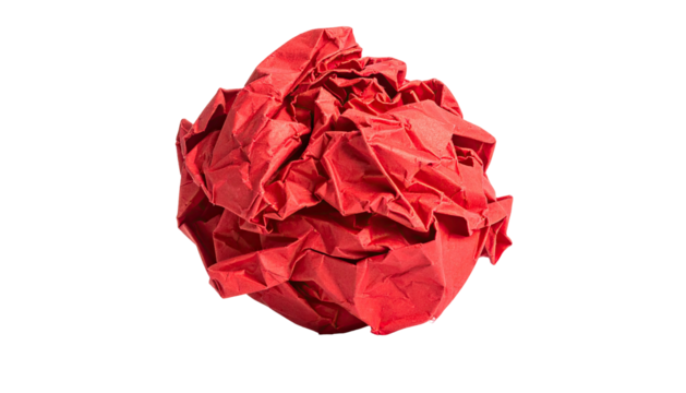 A vibrant red, crumpled ball of paper against a plain black background. Textural and abstract - Powered by Adobe