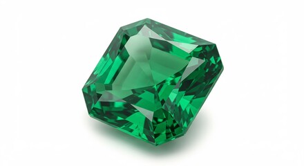 澄み切った鮮やかな緑色を放つエメラルドカットの宝石が純白の背景で強く輝きその精緻な多面体が光を美しく反射し豪華な魅力を際立たせる. AI Generated