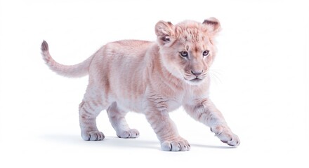 真っ白な背景に浮かび上がるように明るく照らされたふわふわの可愛い子ライオンが小さな体を精一杯動かし好奇心いっぱいに世界を探る一歩を踏み出す 幼いながらも力強い生命力を見せる. AI Generated
