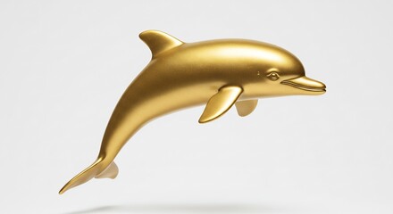 清潔な白背景に浮かび上がる躍動感あふれる金色のイルカの彫像 磨き抜かれた表面が光を美しく反射し空間全体に豪華で洗練された輝きを添える. AI Generated