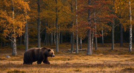 黄金色の木々が輝く秋の森を静かに歩くヒグマ 暖かな光が優しく包み込む. AI Generated